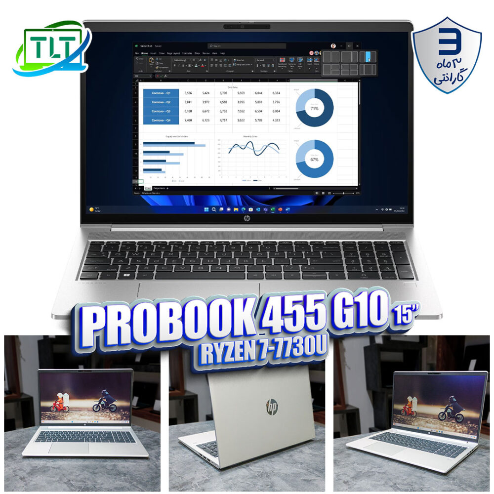 لپ تاپ مهندسی دانشجویی HP probook 455 G10 / Ryzen 7 7730u / 8DDR4 / 512SSD NVMe / Radeon / 15.6 inch FHD / OpenBox