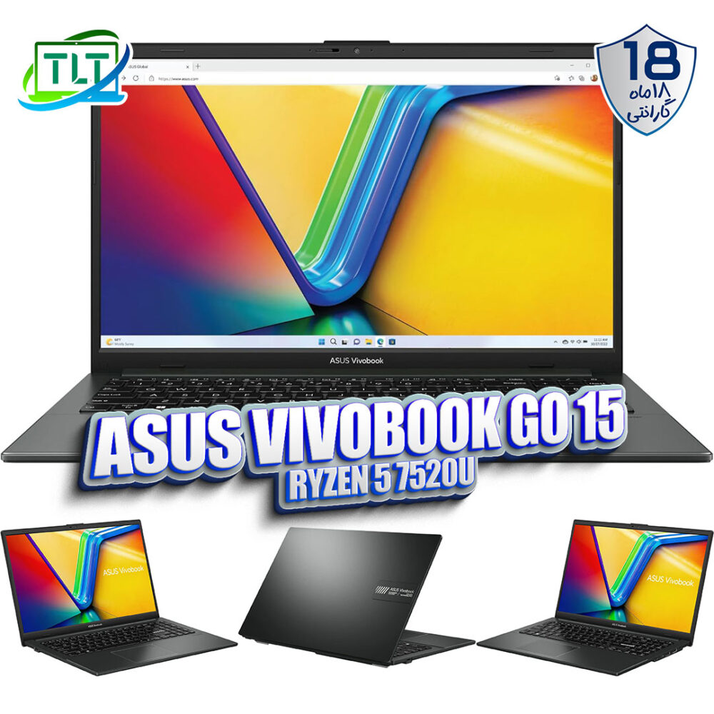 لپ تاپ دانشجویی ASUS Vivobook Go 15 / Ryzen 5 7520u / 8Gb DDR5 / 512Gb SSD / Intel Sahred up to 4Gb / 15.6 inch FullHD / Akband